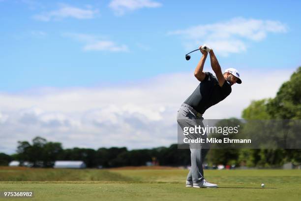 Dustin Johnson of the United States plays his shot from the sixth tee during the second round of the 2018 U.S. Open at Shinnecock Hills Golf Club on...