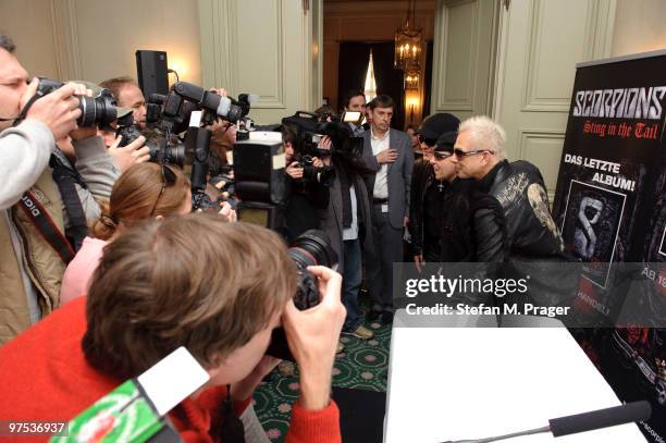 Matthias Jabs, Klaus Meine and Rudolf Schenker of Scorpions pose during a press conference at Hotel Bayerischer Hof on March 8, 2010 in Munich,...