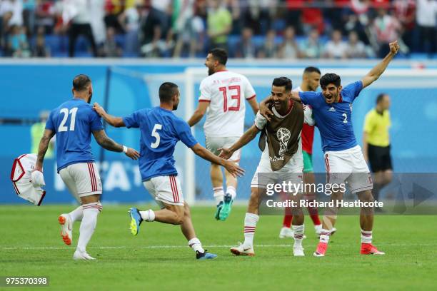 Iran players celebrate their win following the 2018 FIFA World Cup Russia group B match between Morocco and Iran at Saint Petersburg Stadium on June...