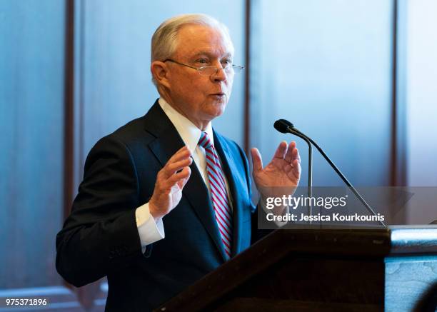 Attorney General Jeff Sessions delivers remarks on immigration and law enforcement actions on at Lackawanna College June 15, 2018 in Scranton,...