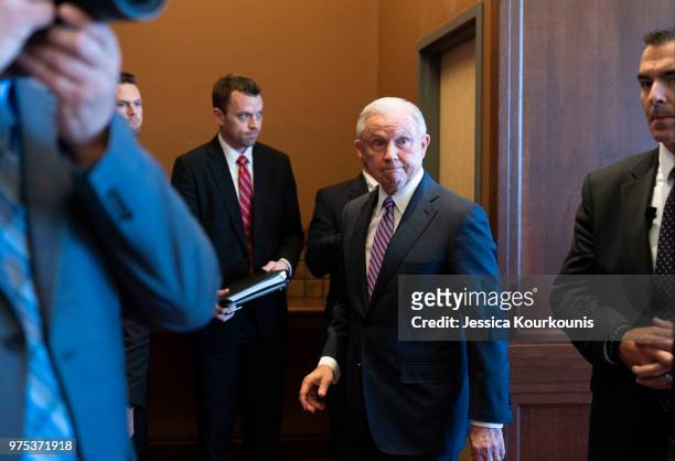 Attorney General Jeff Sessions leaves after delivering remarks on immigration and law enforcement actions on June 15, 2018 in Scranton, Pennsylvania....