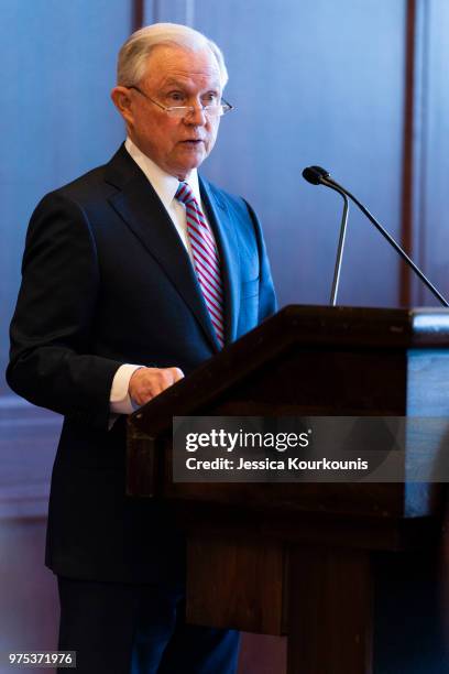 Attorney General Jeff Sessions delivers remarks on immigration and law enforcement actions on at Lackawanna College June 15, 2018 in Scranton,...