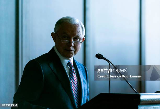 Attorney General Jeff Sessions delivers remarks on immigration and law enforcement actions on at Lackawanna College June 15, 2018 in Scranton,...