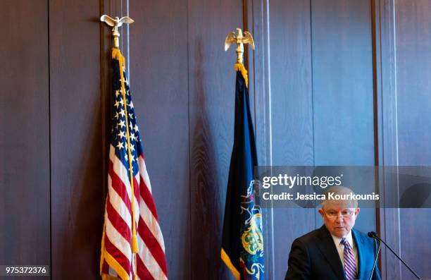 Attorney General Jeff Sessions delivers remarks on immigration and law enforcement actions on at Lackawanna College June 15, 2018 in Scranton,...