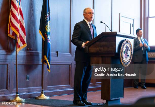 Attorney General Jeff Sessions delivers remarks on immigration and law enforcement actions on at Lackawanna College June 15, 2018 in Scranton,...