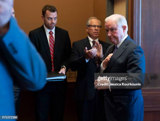 Attorney General Jeff Sessions leaves after delivering remarks on immigration and law enforcement actions on June 15, 2018 in Scranton, Pennsylvania....