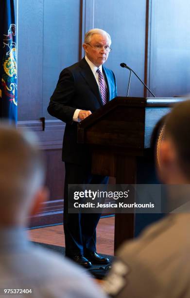 Attorney General Jeff Sessions delivers remarks on immigration and law enforcement actions on at Lackawanna College June 15, 2018 in Scranton,...