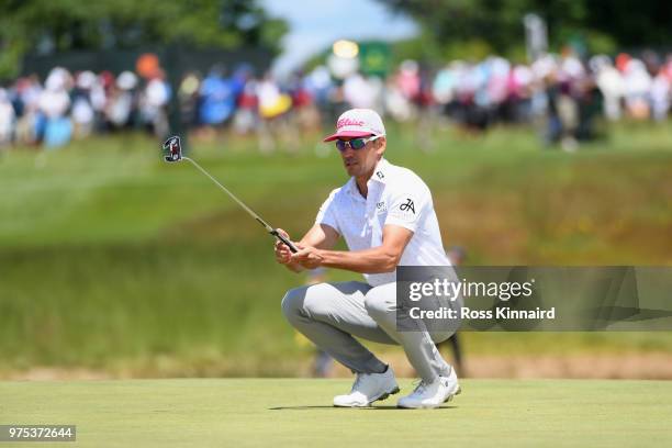 Rafa Cabrera Bello of Spain reacts after a missed putt for par on the seventh hole during the second round of the 2018 U.S. Open at Shinnecock Hills...