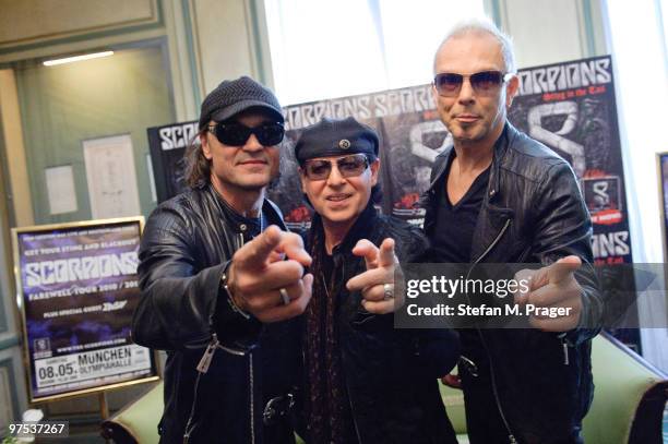 Matthias Jabs, Klaus Meine and Rudolf Schenker of Scorpions pose during a press conference at Hotel Bayerischer Hof on March 8, 2010 in Munich,...