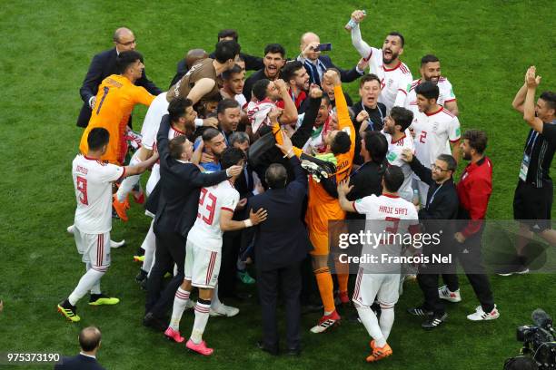 Iran players celebrate victory at the end of the 2018 FIFA World Cup Russia group B match between Morocco and Iran at Saint Petersburg Stadium on...