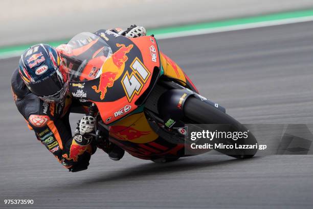 Brad Binder of South Africa and Red Bull KTM rounds the bend during the MotoGp of Catalunya - Free Practice at Circuit de Catalunya on June 15, 2018...