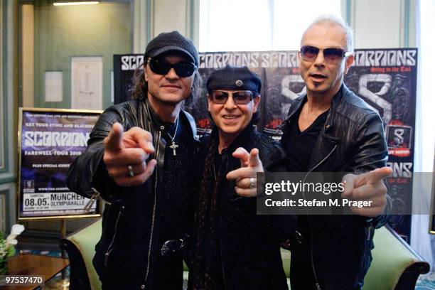 Matthias Jabs, Klaus Meine and Rudolf Schenker of Scorpions pose during a press conference at Hotel Bayerischer Hof on March 8, 2010 in Munich,...