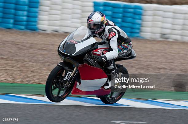 Jonas Folger of Germany and Ongetta Team heads down a straight during the first day of testing at Circuito de Jerez on March 6, 2010 in Jerez de la...