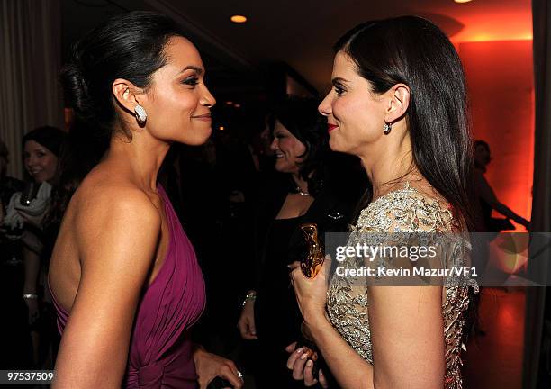 Rosario Dawson and Sandra Bullock attends the 2010 Vanity Fair Oscar Party hosted by Graydon Carter at the Sunset Tower Hotel on March 7, 2010 in...