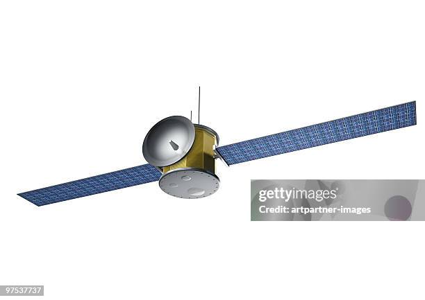 blue satellite with solar panels  - satellitenschüssel stock-grafiken, -clipart, -cartoons und -symbole