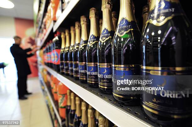 Partial view of shelves at "Hal' shop", a supermarket selling halal food, in Nanterre, a Paris suburb, inaugurated on March 3, 2010. The owner,...