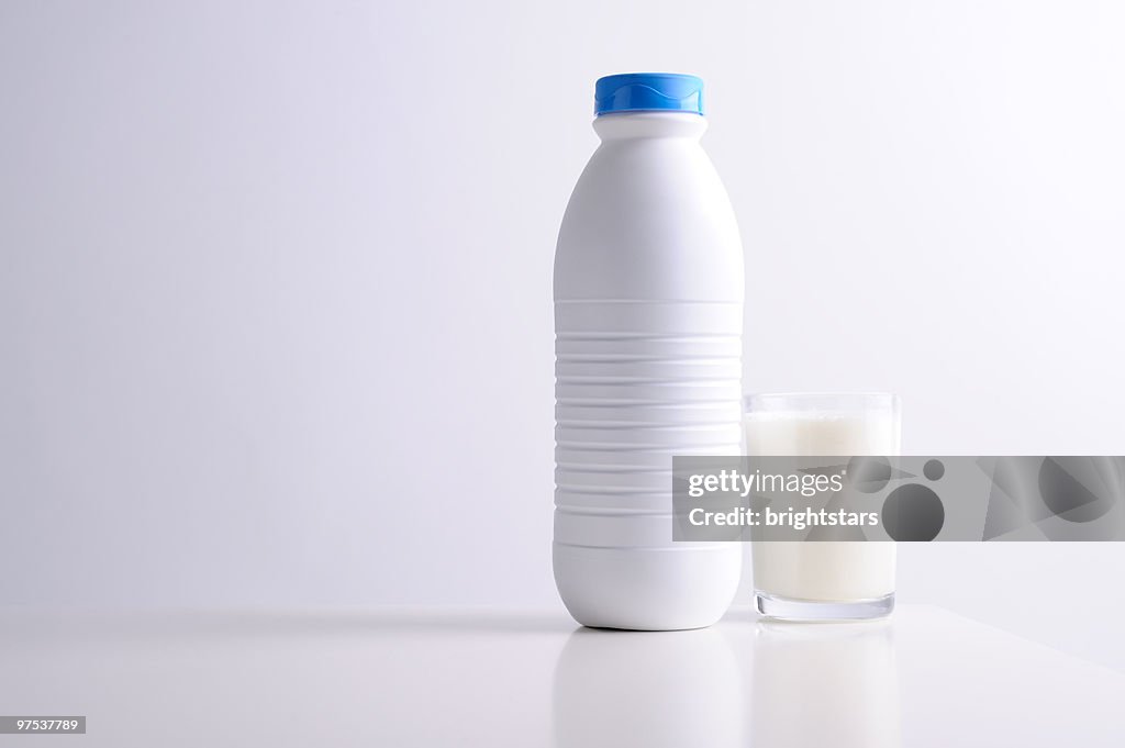 Milk bottle and glass of milk