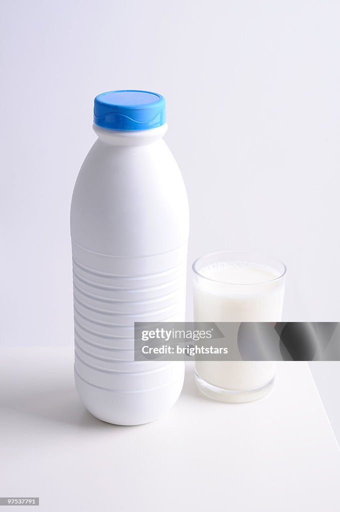 Milk bottle and glass of milk