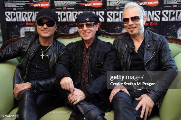 Matthias Jabs, Klaus Meine and Rudolf Schenker of Scorpions pose during a press conference at Hotel Bayerischer Hof on March 8, 2010 in Munich,...