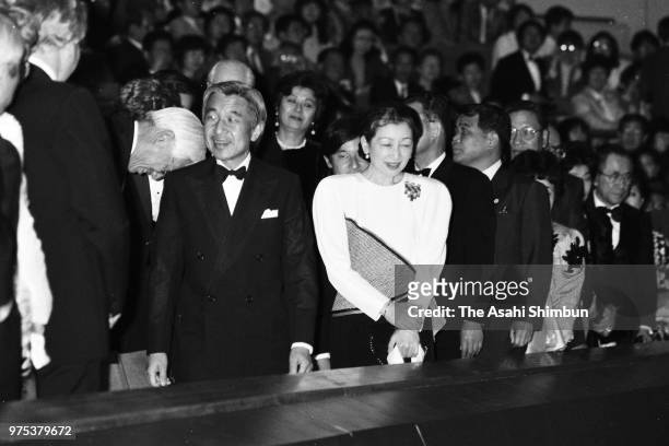 Crown Prince Akihito, Crown Princess Michiko and Prince Naruhito attend the New York Metropolitan Opera performance at the NHK Hall on May 25, 1988...