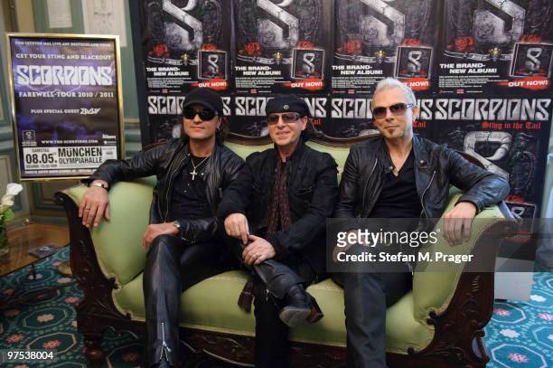 Matthias Jabs, Klaus Meine and Rudolf Schenker of Scorpions pose during a press conference at Hotel Bayerischer Hof on March 8, 2010 in Munich,...