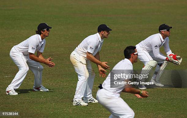 England captain Alastair Cook and his slip cordon field during day two of the tour match between Bangladesh A and England at Jahur Ahmed Chowdhury...