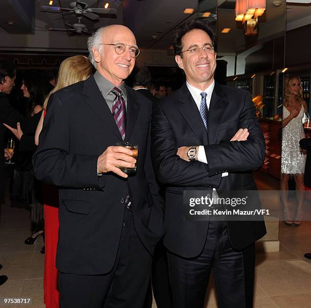 Actors Larry David and Jerry Seinfeld attend the 2010 Vanity Fair Oscar Party hosted by Graydon Carter at the Sunset Tower Hotel on March 7, 2010 in...