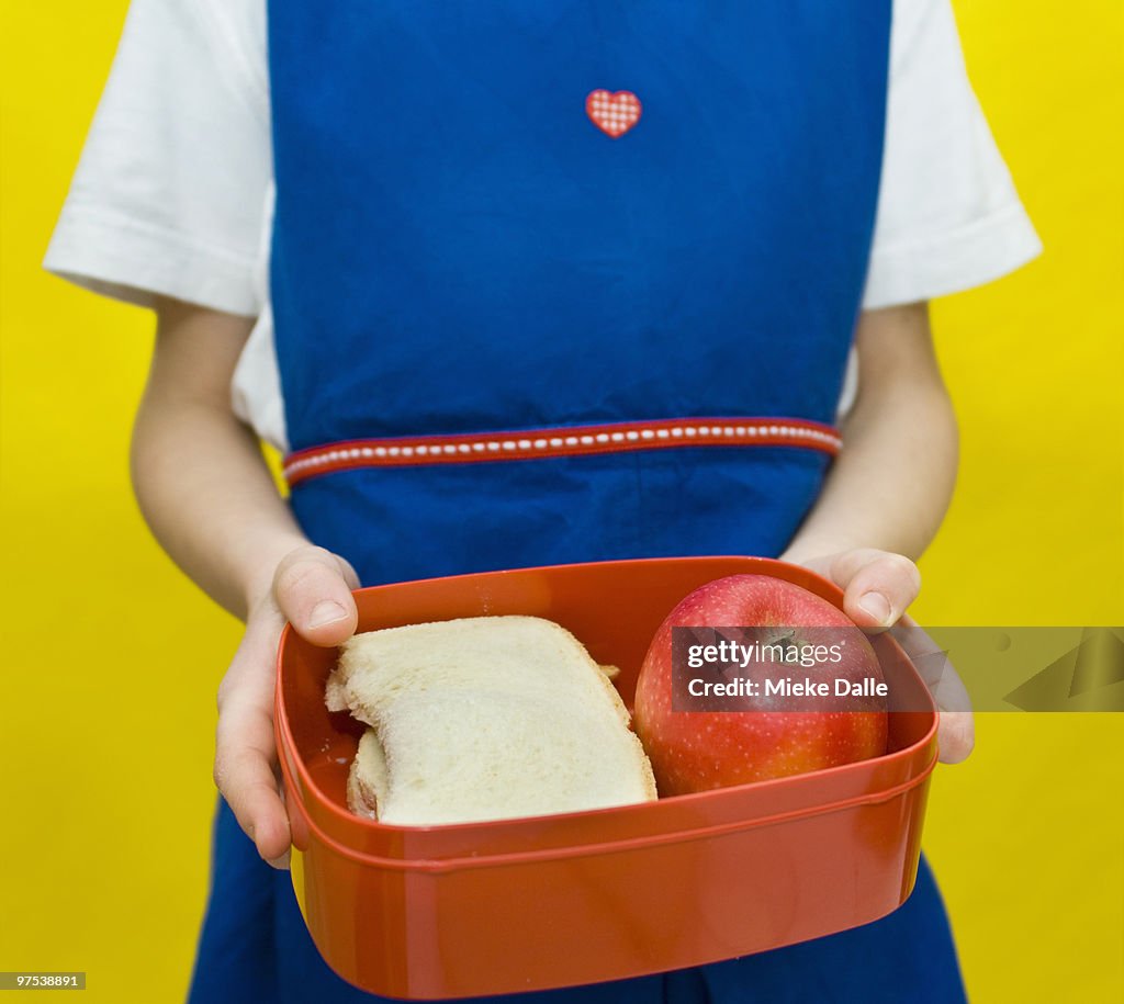 Child holding lunch box with healthy food