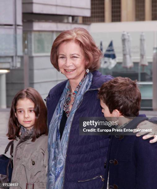 Queen Sofia of Spain brings her grandchildren Victoria Federica and Felipe Juan Froilan to a Disney Show on March 8, 2010 in Madrid, Spain.