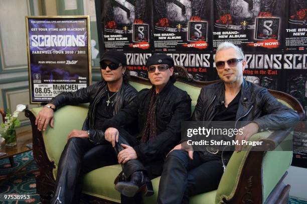 Matthias Jabs, Klaus Meine and Rudolf Schenker of Scorpions pose during a press conference at Hotel Bayerischer Hof on March 8, 2010 in Munich,...