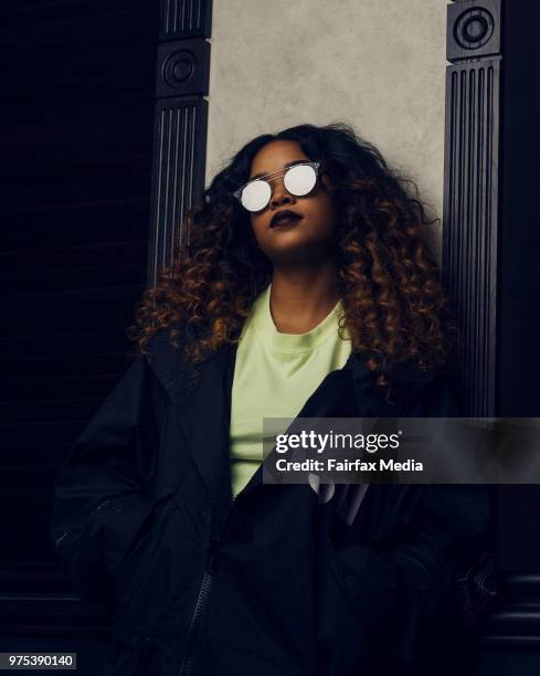 Portrait of American singer-songwriter H.E.R. Photographed at the QT Hotel in Sydney on Monday 28th May 2018. H.E.R's real name is Gabriella 'Gabi'...