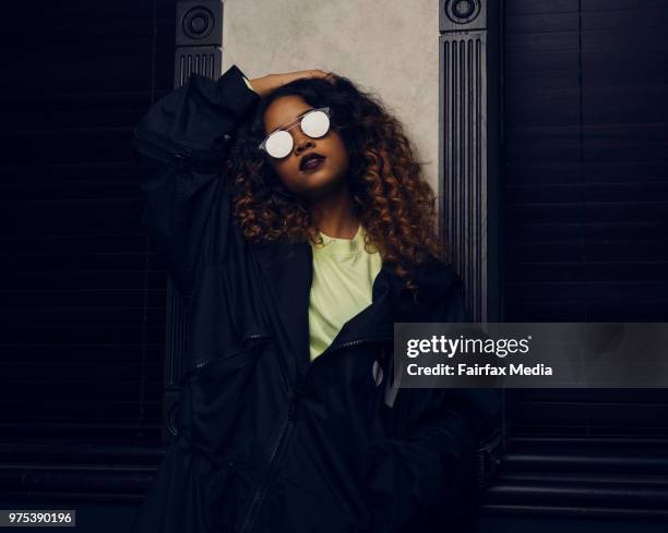 Portrait of American singer-songwriter H.E.R. Photographed at the QT Hotel in Sydney on Monday 28th May 2018. H.E.R's real name is Gabriella 'Gabi'...
