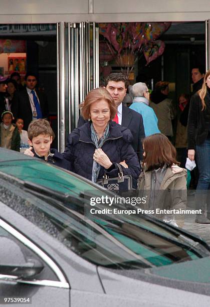 Queen Sofia of Spain brings her grandchildren Victoria Federica and Felipe Juan Froilan to a Disney Show on March 8, 2010 in Madrid, Spain.