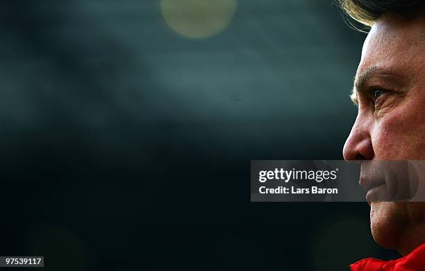 Head coach Louis van Gaal of Muenchen looks on prior to the Bundesliga match between 1. FC Koeln and FC Bayern Muenchen at RheinEnergieStadion on...