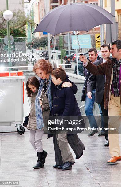 Queen Sofia of Spain brings her grandchildren Victoria Federica and Felipe Juan Froilan to a Disney Show on March 8, 2010 in Madrid, Spain.