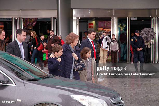 Queen Sofia of Spain brings her grandchildren Victoria Federica and Felipe Juan Froilan to a Disney Show on March 8, 2010 in Madrid, Spain.