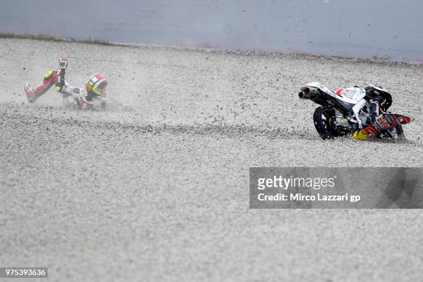Tatsuki Suzuki of Japan and Sic 58 Squadra Corse crashed out during the MotoGp of Catalunya - Free Practice at Circuit de Catalunya on June 15, 2018...