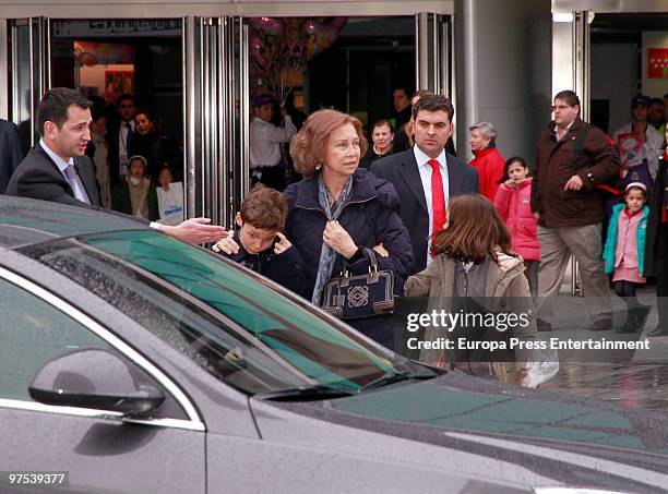 Queen Sofia of Spain brings her grandchildren Victoria Federica and Felipe Juan Froilan to a Disney Show on March 8, 2010 in Madrid, Spain.