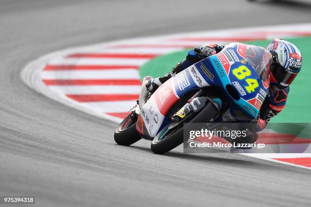 Jakub Kornfeil of Czech Republic and Pruestel GP rounds the bend during the MotoGp of Catalunya - Free Practice at Circuit de Catalunya on June 15,...