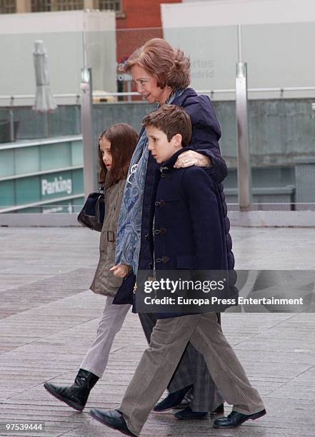 Queen Sofia of Spain brings her grandchildren Victoria Federica and Felipe Juan Froilan to a Disney Show on March 8, 2010 in Madrid, Spain.