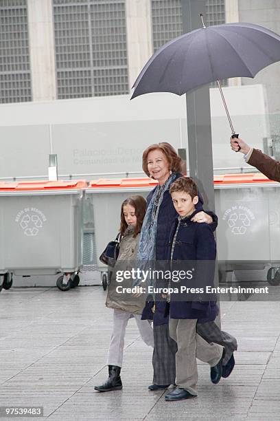 Queen Sofia of Spain brings her grandchildren Victoria Federica and Felipe Juan Froilan to a Disney Show on March 8, 2010 in Madrid, Spain.