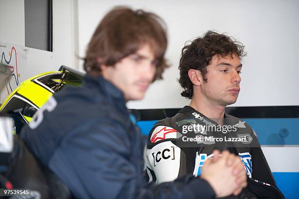 Roberto Rolfo of Italy and Italtrans S.T.R. Looks on in box during the second day of testing at Circuito de Jerez on March 7, 2010 in Jerez de la...