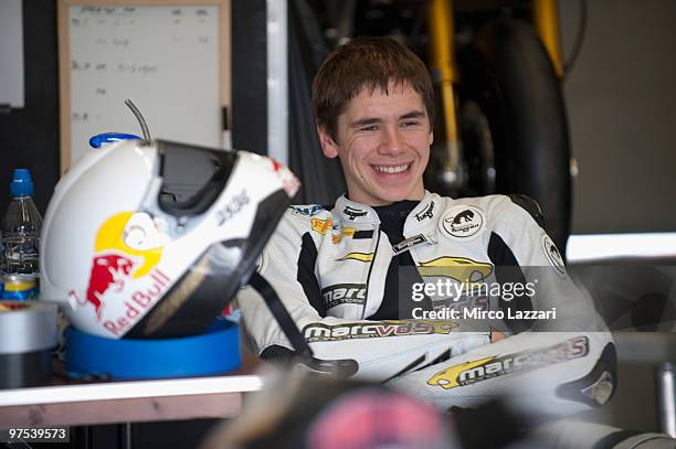 Scott Redding of Great Britain and Marc VDS Racing Team smiles in box during the second day of testing at Circuito de Jerez on March 7, 2010 in Jerez...