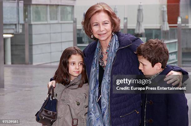 Queen Sofia of Spain brings her grandchildren Victoria Federica and Felipe Juan Froilan to a Disney Show on March 8, 2010 in Madrid, Spain.