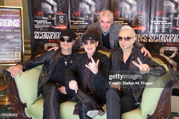 Matthias Jabs, Klaus Meine, WILLY EHMANN and Rudolf Schenker of Scorpions pose during a press conference at Hotel Bayerischer Hof on March 8, 2010 in...