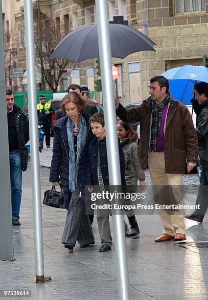 Queen Sofia of Spain brings her grandchildren Victoria Federica and Felipe Juan Froilan to a Disney Show on March 8, 2010 in Madrid, Spain.