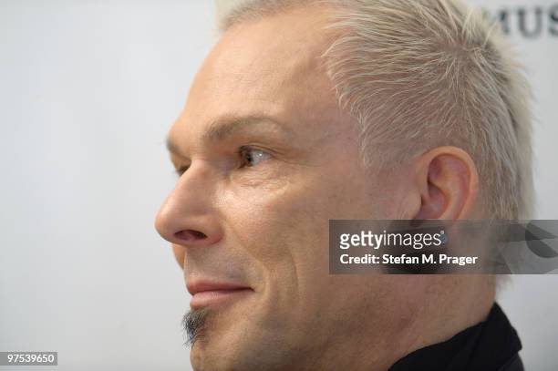 Rudolf Schenker of Scorpions poses during a press conference at Hotel Bayerischer Hof on March 8, 2010 in Munich, Germany.