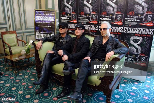 Matthias Jabs, Klaus Meine and Rudolf Schenker of Scorpions is photographed during a press conference at Hotel Bayerischer Hof on March 8, 2010 in...