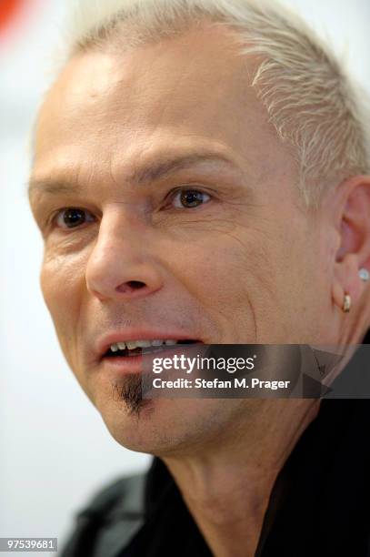 Rudolf Schenker of Scorpions poses during a press conference at Hotel Bayerischer Hof on March 8, 2010 in Munich, Germany.