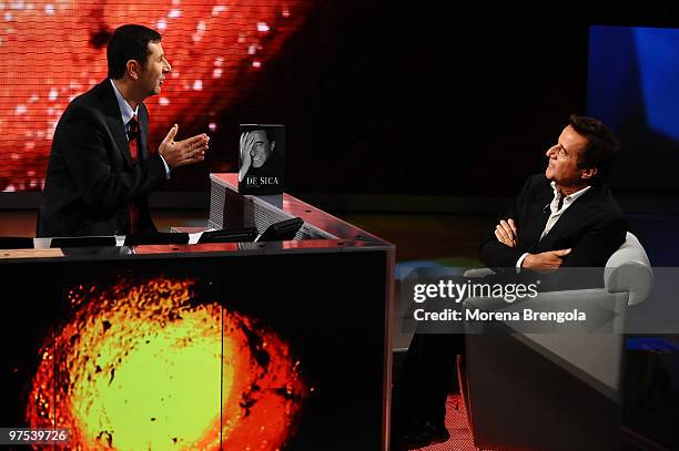 Christian De Sica and Fabio Fazio during the Italian tv show "Che tempo che fa" on October 26, 2008 in Milan, Italy.